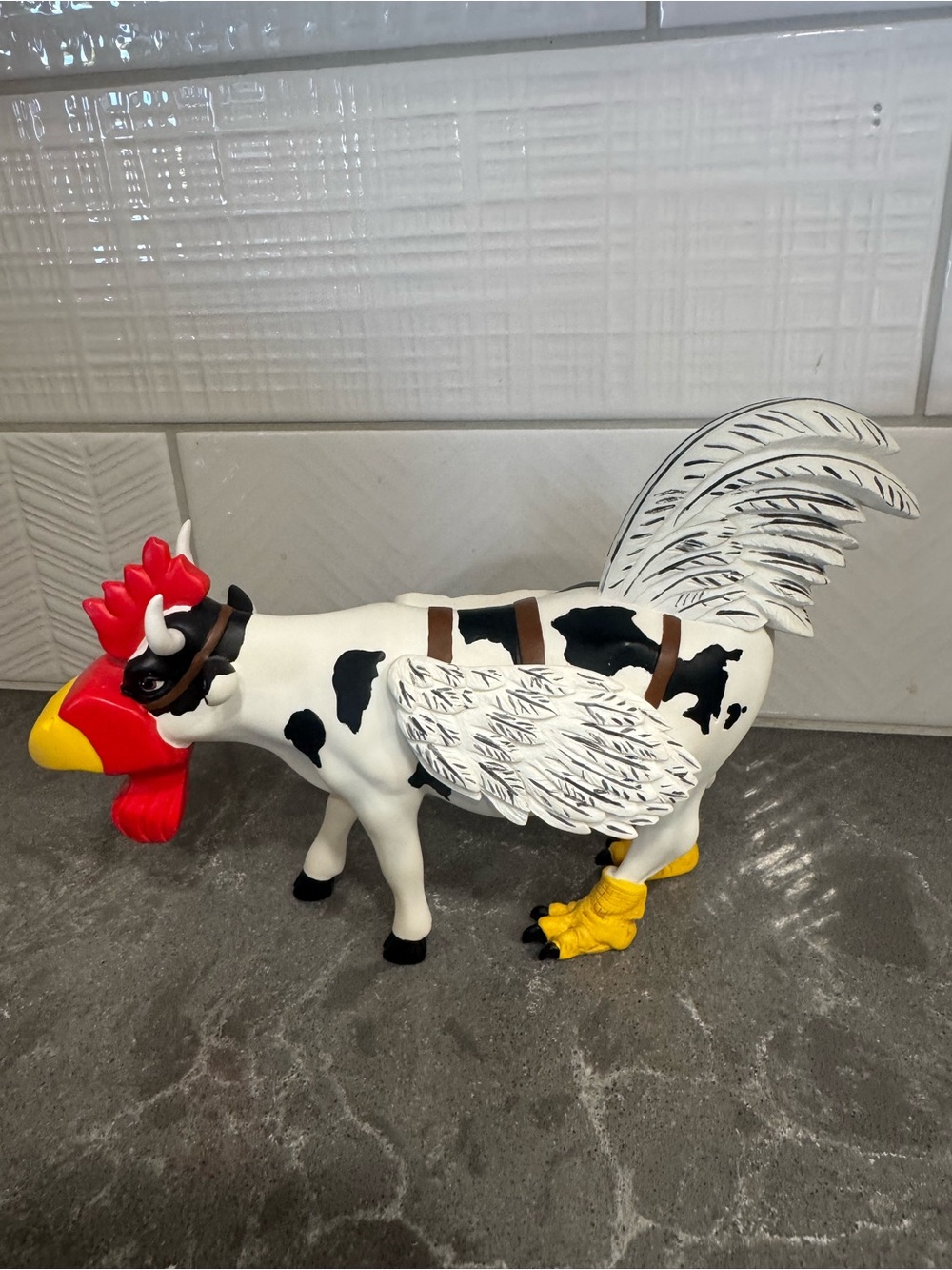 Whimsical White Cow-Rooster Westland Giftware Sculpture - “Cow-moo-flage” # 7254